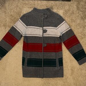 Pendleton Gray Wool Cardigan with Red and Green Stripes